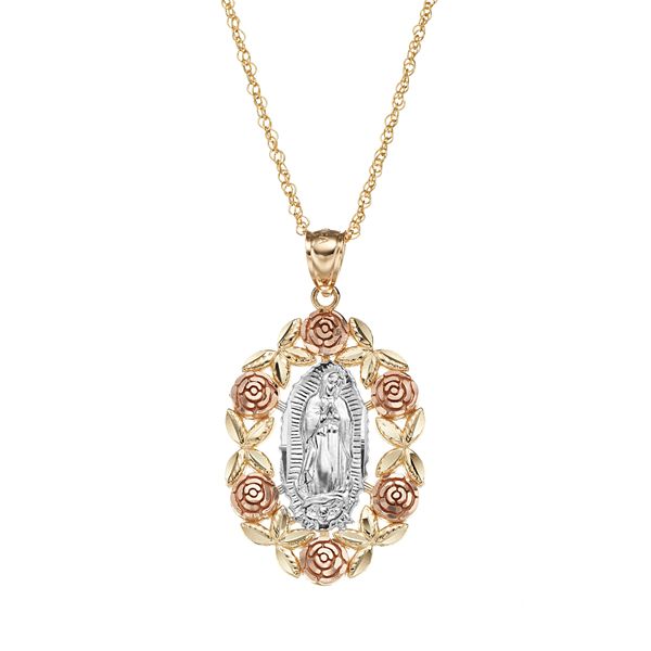 14k Gold Tri-Tone Our Lady of Guadalupe Pendant Necklace