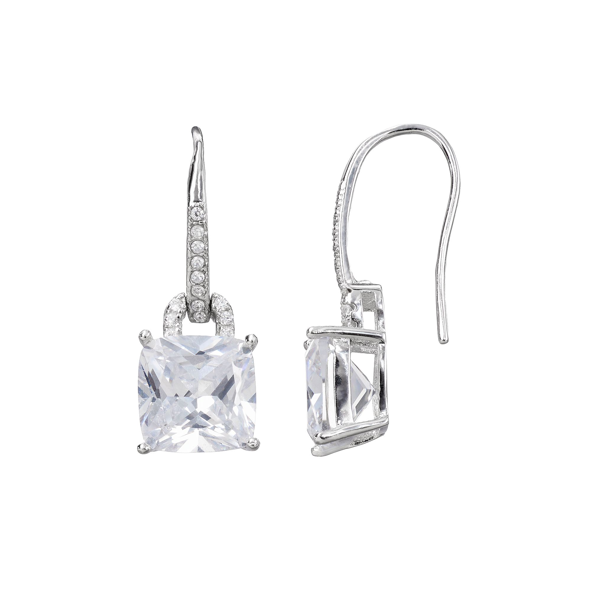 Cubic Zirconia Sterling Silver Square Drop Earrings, Womens, White