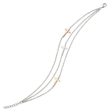 Sterling Silver & 14k Gold Over Silver Tri-Tone Multistrand Sideways Cross Bracelet