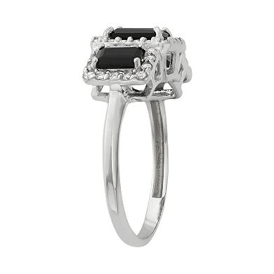 Onyx and Lab-Created White Sapphire Sterling Silver 3-Stone Halo Ring
