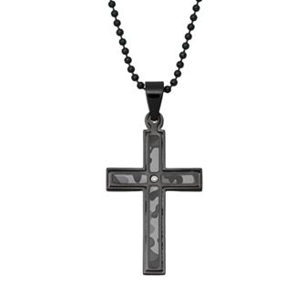 Diamond Accent Black Stainless Steel Camouflage Cross Pendant Necklace - Men