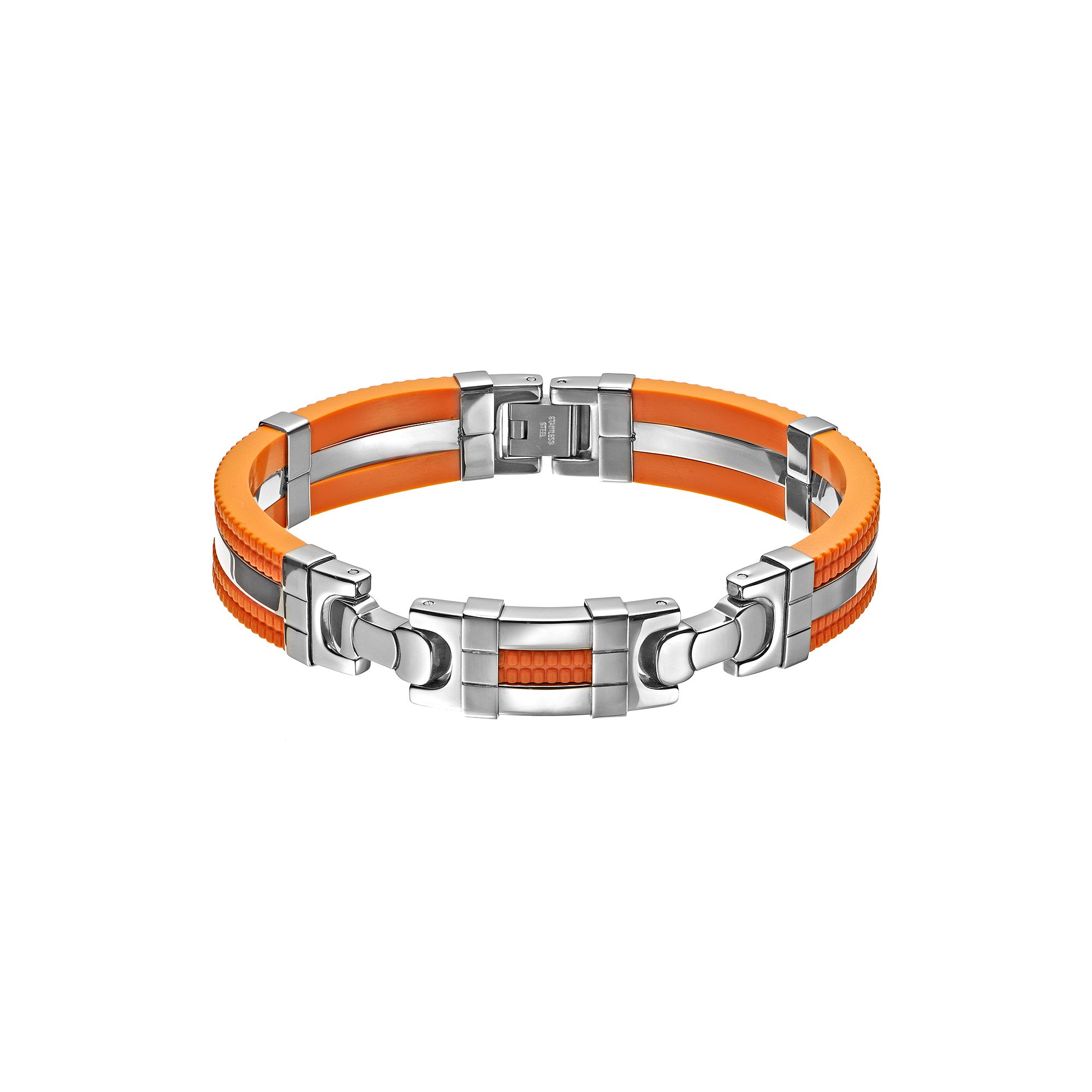 Stainless Steel and Rubber Bracelet - Men, Mens, Size: 8.5, Orange