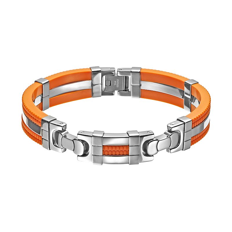 Stainless Steel and Rubber Bracelet - Men, Mens, Size: 8.5, Orange
