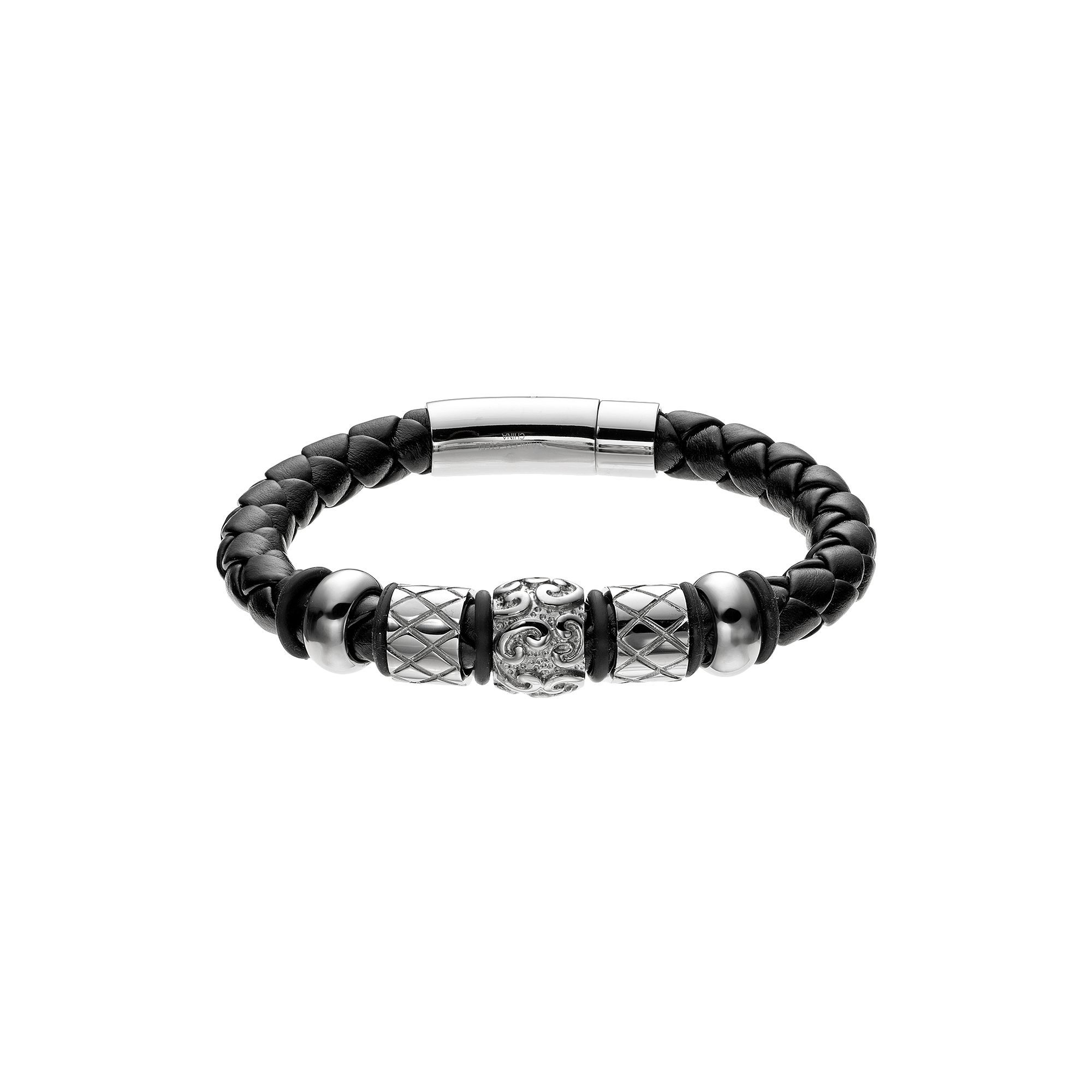 Stainless Steel and Leather Bead Bracelet - Men, Mens, Size: 8.5, Black