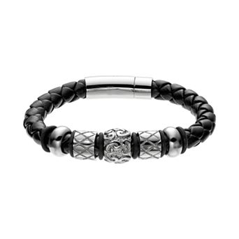 Gold LLC Stainless Steel and Leather Bead Bracelet - Men