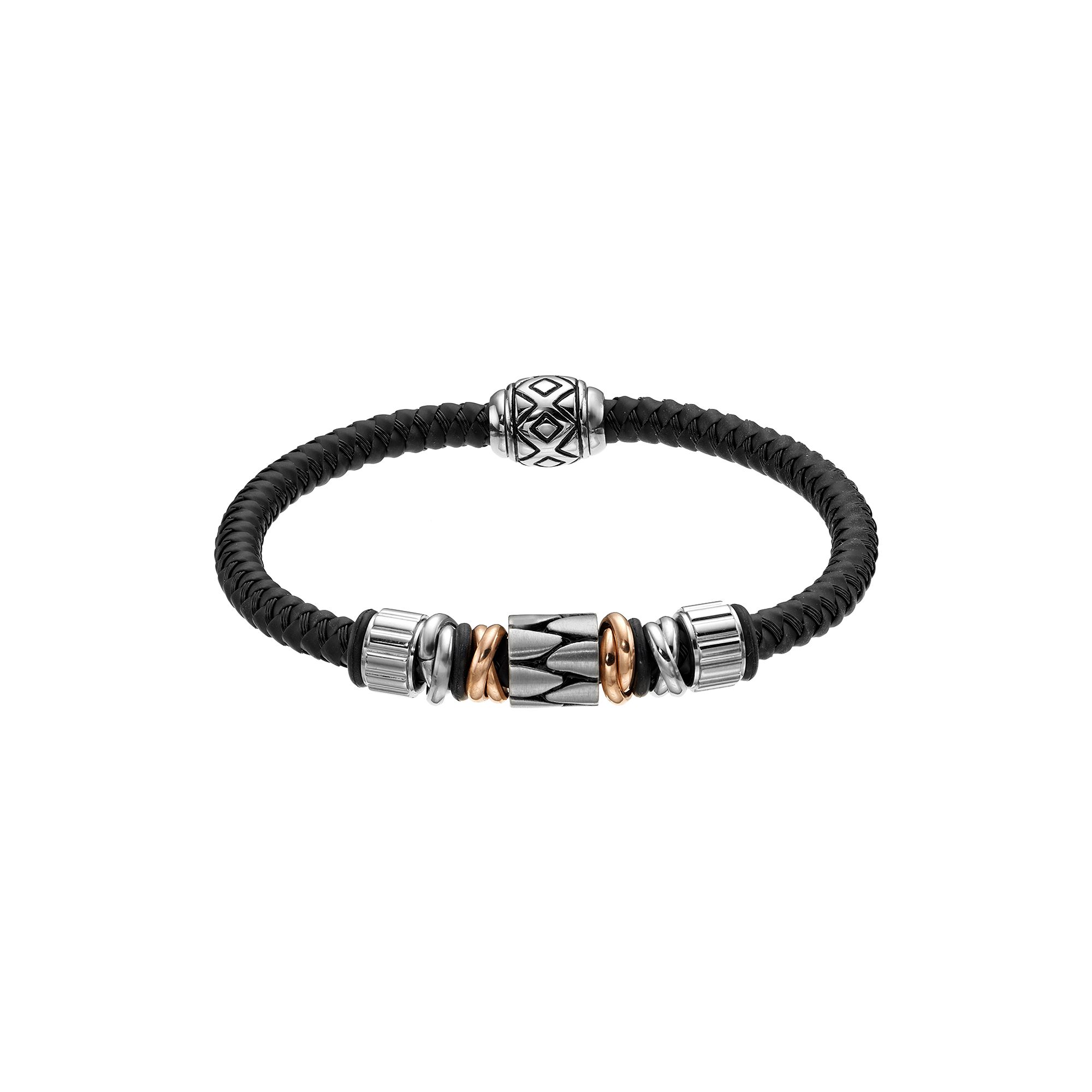 Two Tone Stainless Steel and Leather Bead Bracelet, Mens, Size: 8.5, Bl