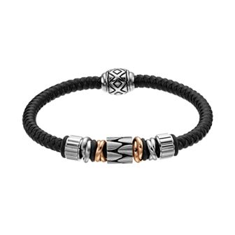 Gold LLC Two Tone Stainless Steel and Leather Bead Bracelet