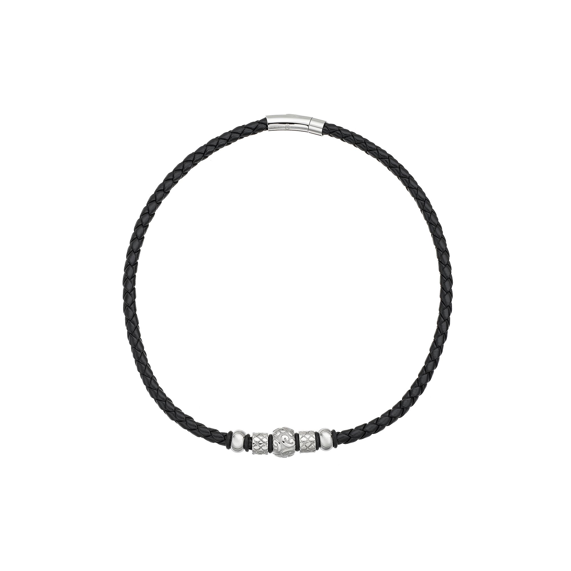 Stainless Steel and Leather Bead Necklace - Men, Mens, Size: 20, Black