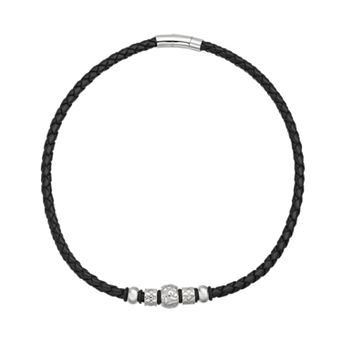 Gold LLC Stainless Steel and Leather Bead Necklace - Men