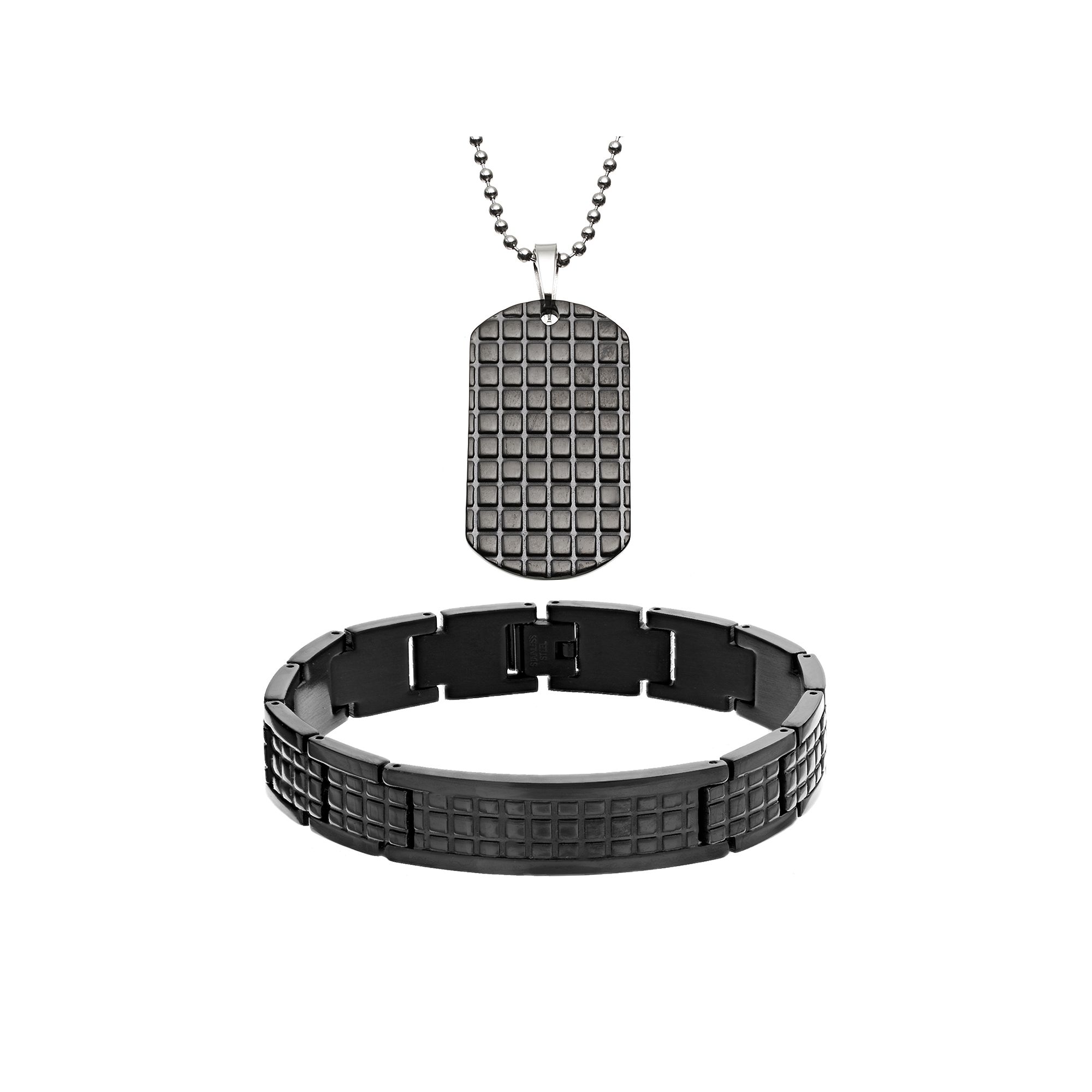 Two Tone Stainless Steel Textured Dog Tag and Bracelet Set - Men, Mens, S