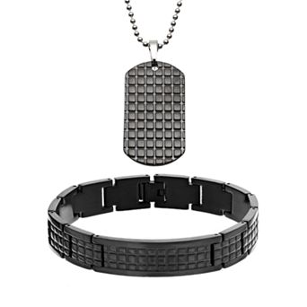 Gold LLC Two Tone Stainless Steel Textured Dog Tag and Bracelet Set - Men
