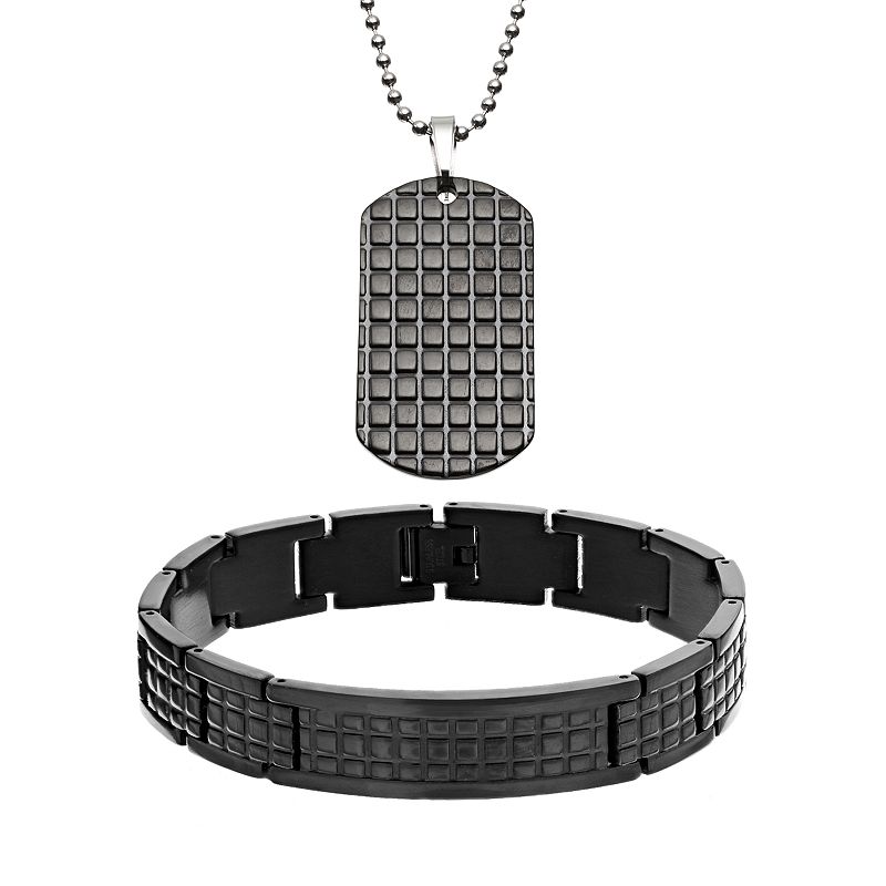 Two Tone Stainless Steel Textured Dog Tag and Bracelet Set - Men, Mens, S
