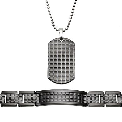 Two Tone Stainless Steel Textured Dog Tag and Bracelet Set - Men