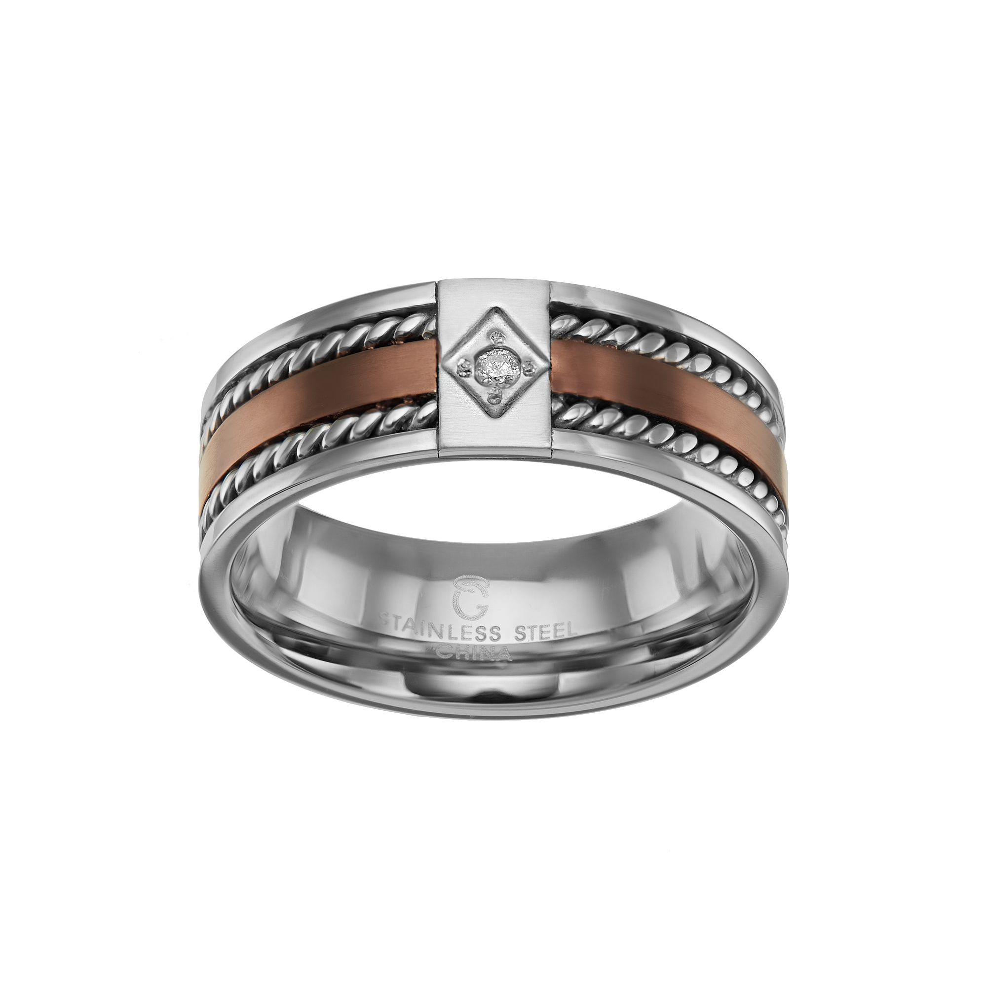 Diamond Accent Two Tone Stainless Steel Twist Band - Men, Mens, Size: 7, B