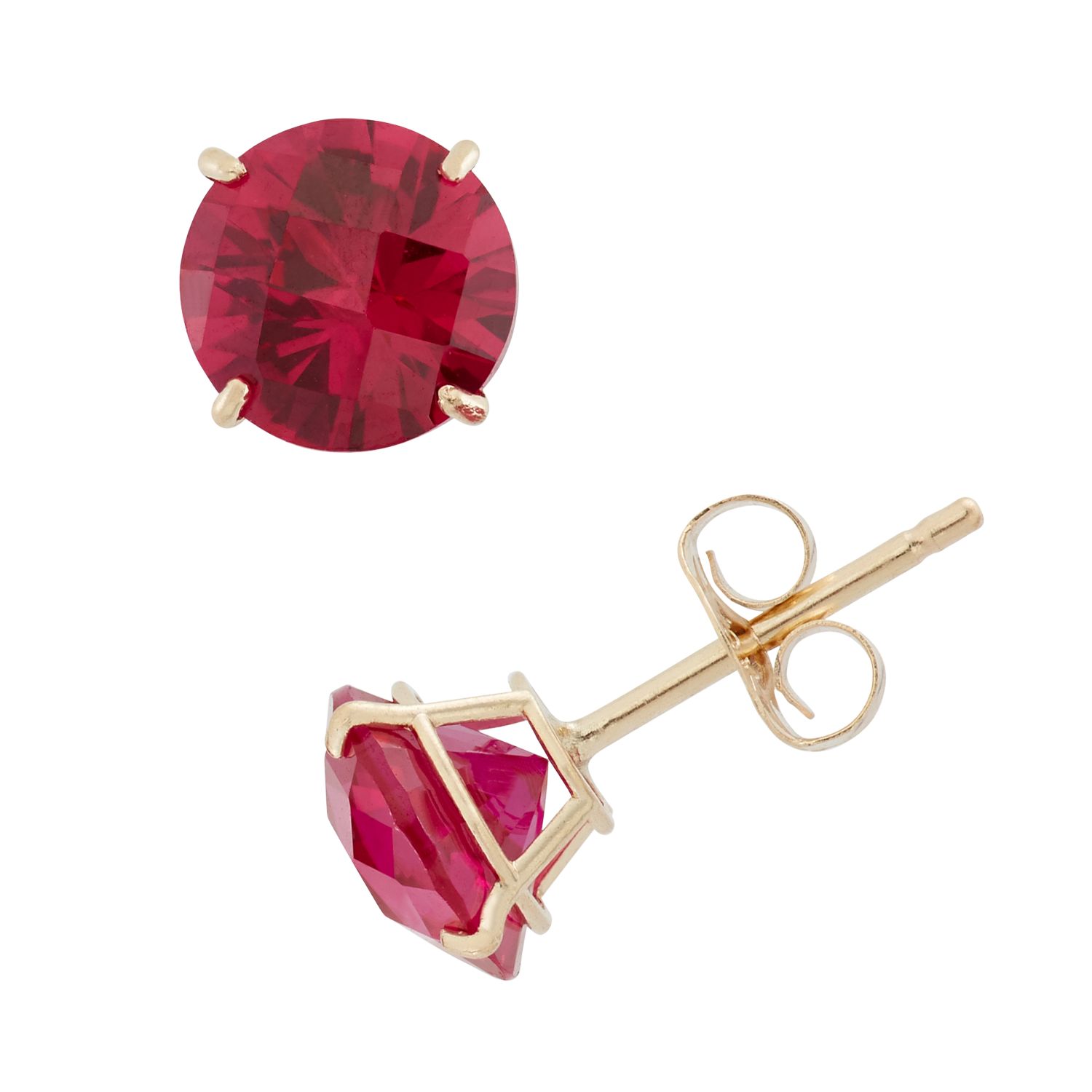 14K Yellow Gold Lab-Created Ruby Stud Earrings - Round Shape, Push Back, 0.20-4.00 TCW
