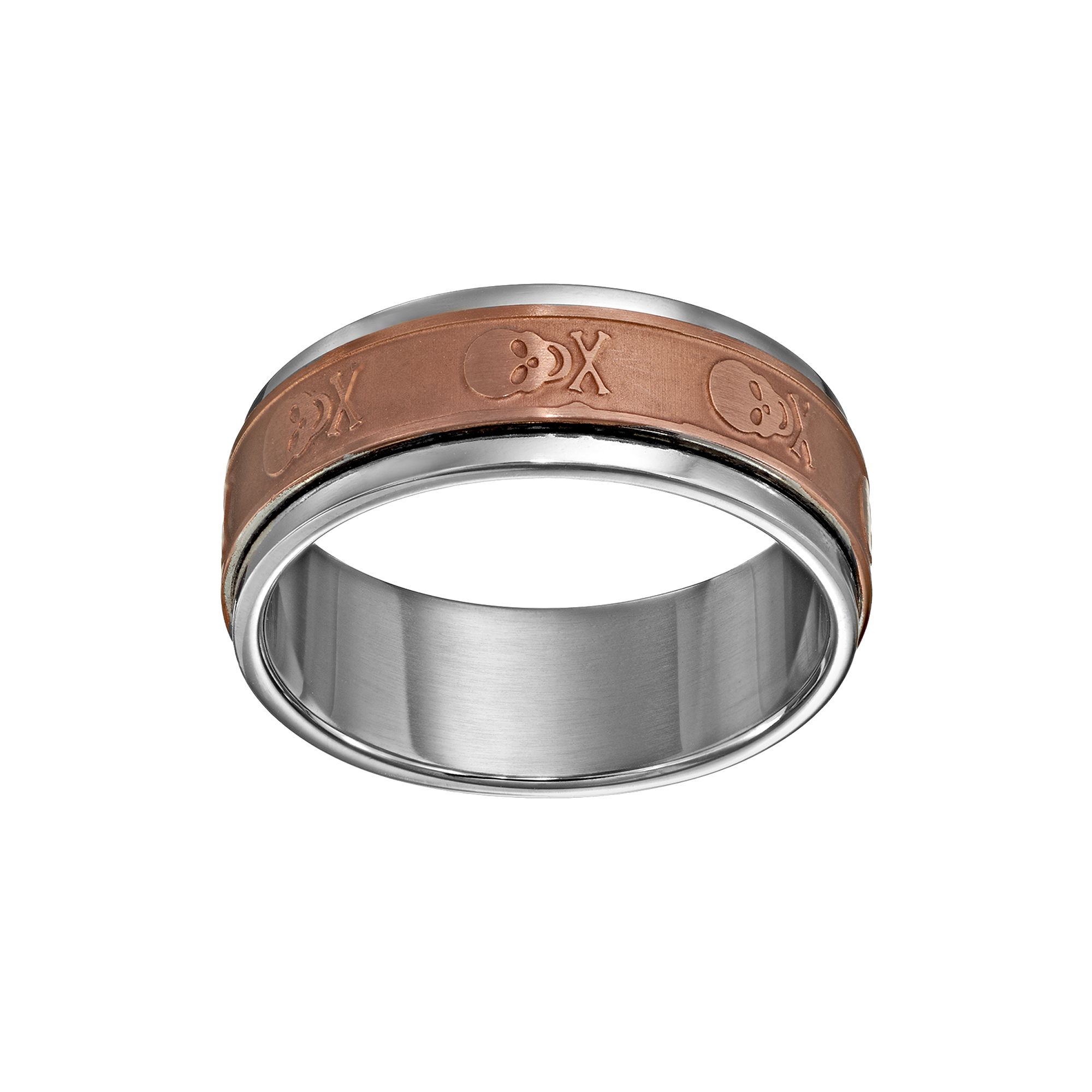 Two Tone Stainless Steel Skull Spinner Band - Men, Mens, Size: 9, Brown
