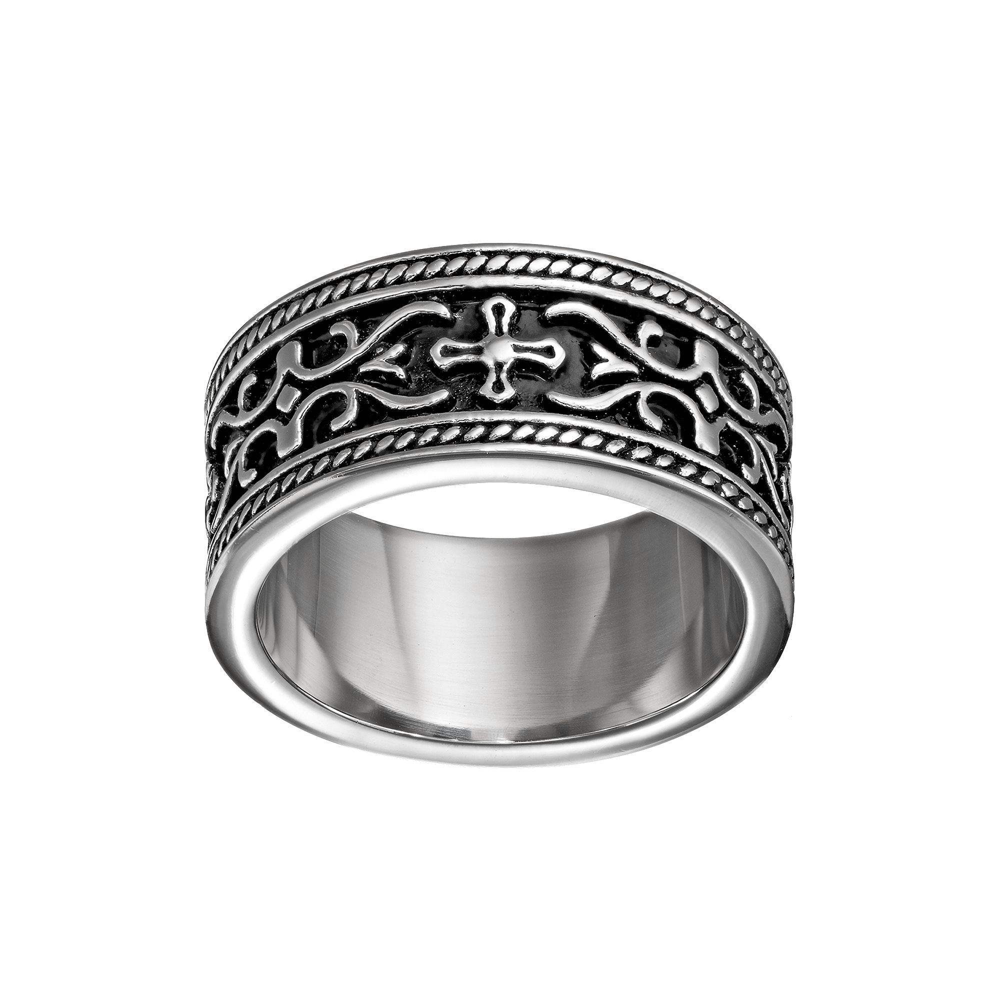 Stainless Steel Cross and Scrollwork Band - Men, Mens, Size: 7, Grey