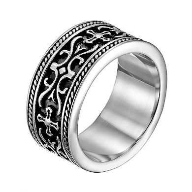 Stainless Steel Cross and Scrollwork Band - Men