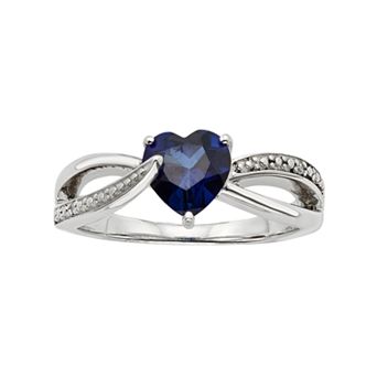 Lab-Created Blue Sapphire and Diamond Accent Sterling Silver Heart Bypass Ring