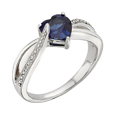 Lab-Created Blue Sapphire and Diamond Accent Sterling Silver Heart Bypass Ring