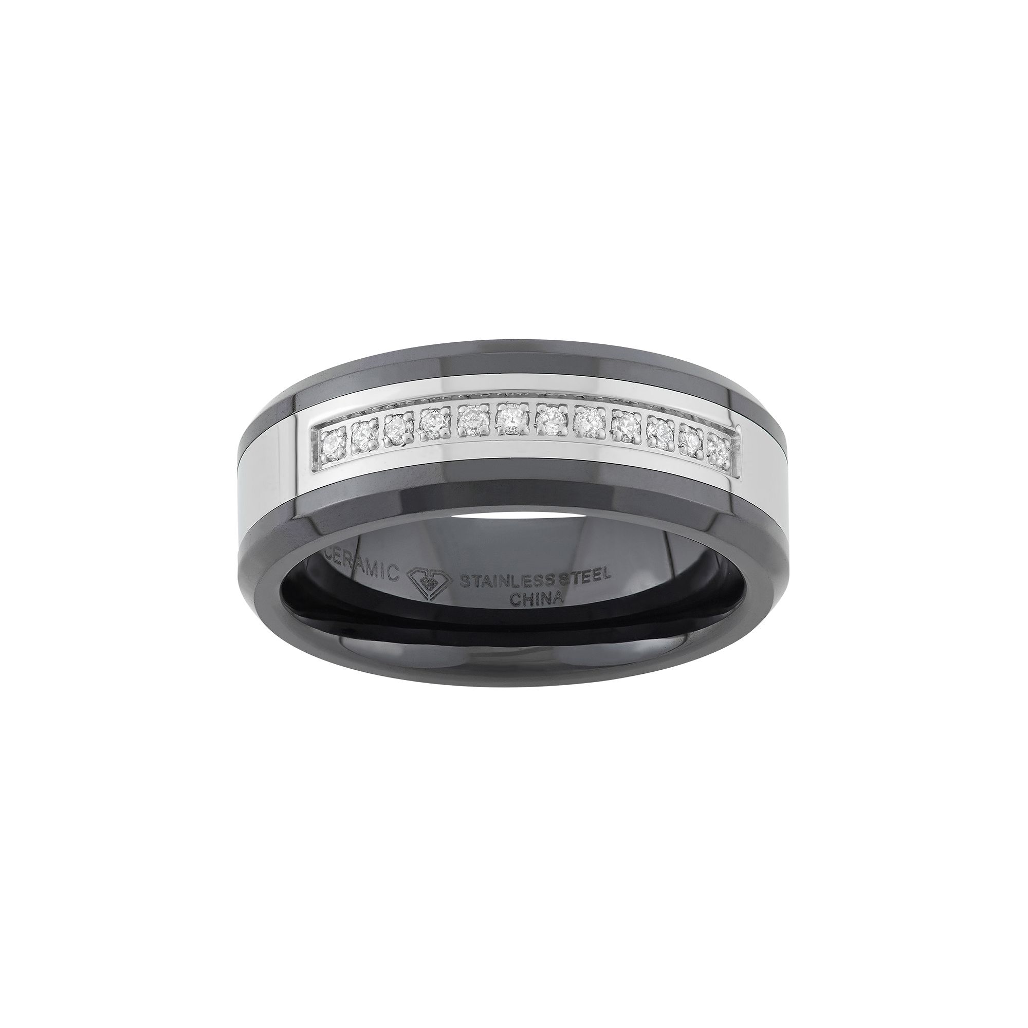 1/6 Carat T.W. Stainless Steel and Black Ceramic Wedding Band - Men, Mens,