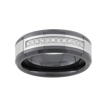 Jewelry Nation 1/6 Carat T.W. Stainless Steel and Black Ceramic Wedding Band - Men