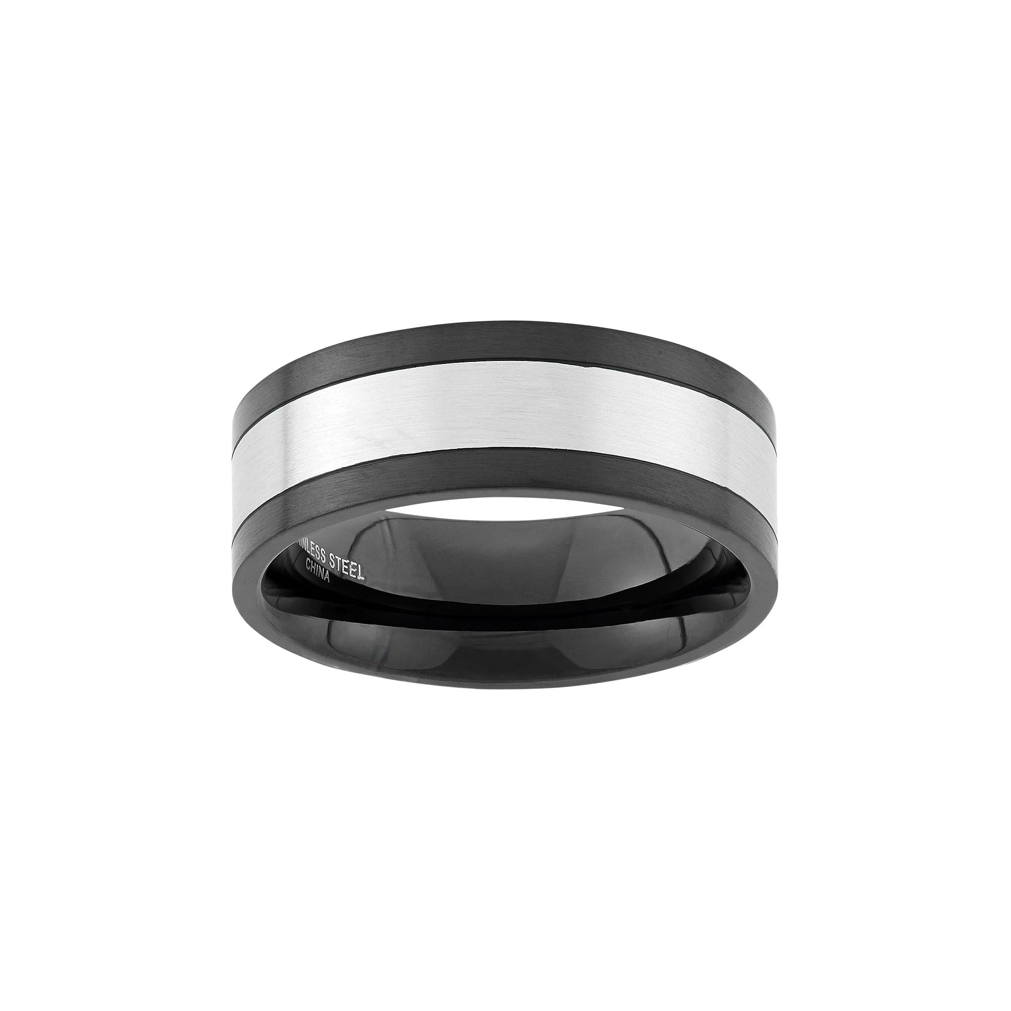 Two Tone Stainless Steel Striped Wedding Band - Men, Mens, Size: 7, Grey