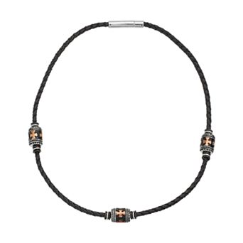 Gold LLC Stainless Steel and Leather Bead Cross Necklace - Men