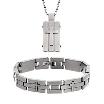 Gold LLC Two Tone Stainless Steel Cross Dog Tag and Bracelet Set - Men
