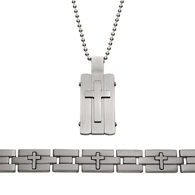 Two Tone Stainless Steel Cross Dog Tag and Bracelet Set - Men