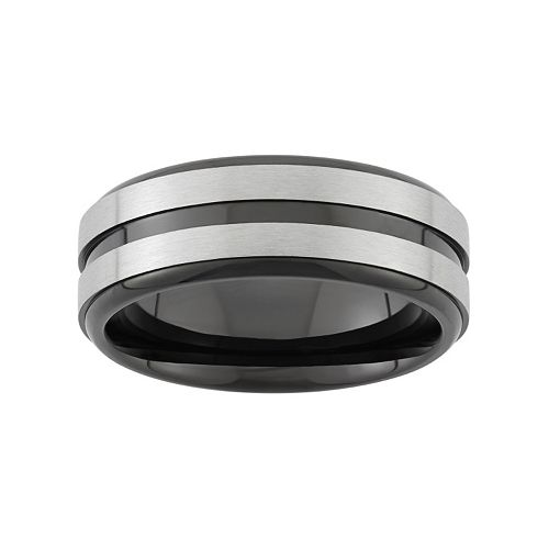 Two Tone Stainless Steel Striped Wedding Band - Men