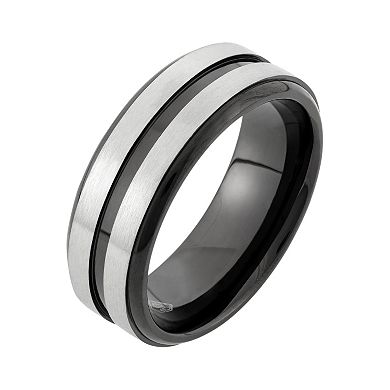 Two Tone Stainless Steel Striped Wedding Band - Men