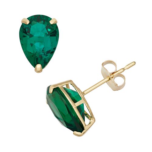 LabCreated Emerald 10k Gold Teardrop Stud Earrings