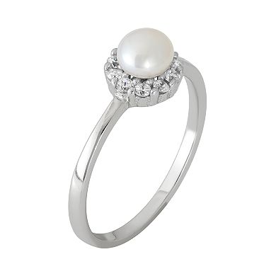Junior Jewels Freshwater Cultured Pearl and Cubic Zirconia Sterling Silver Halo Ring - Kids