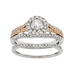 IGL Certified Diamond Halo Two Tone Engagement Ring Set in 14k Gold (1 Carat T.W.)