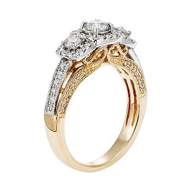 IGL Certified Diamond 3-Stone Halo Two Tone Engagement Ring in 14k Gold (1 Carat T.W.)