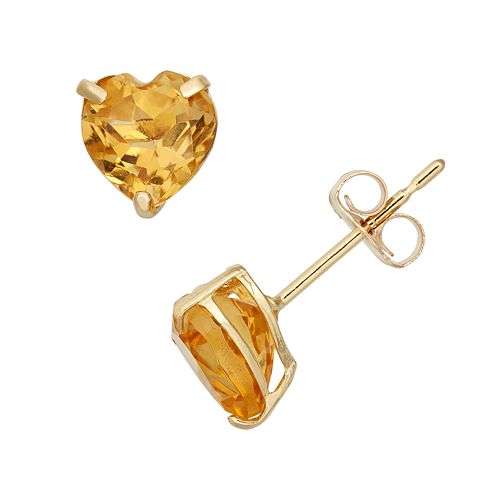Citrine 10k Gold Heart Stud Earrings