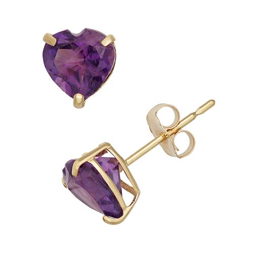 Amethyst 10k Gold Heart Stud Earrings