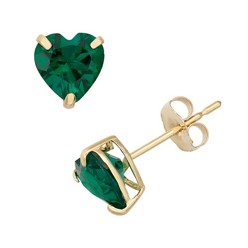 LabCreated Emerald 10k Gold Heart Stud Earrings