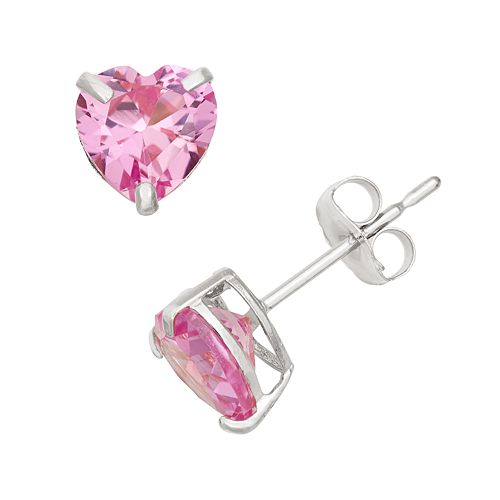 LabCreated Pink Sapphire 10k White Gold Heart Stud Earrings
