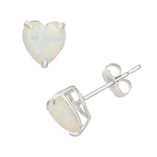 Lab-Created Opal 10k White Gold Heart Stud Earrings
