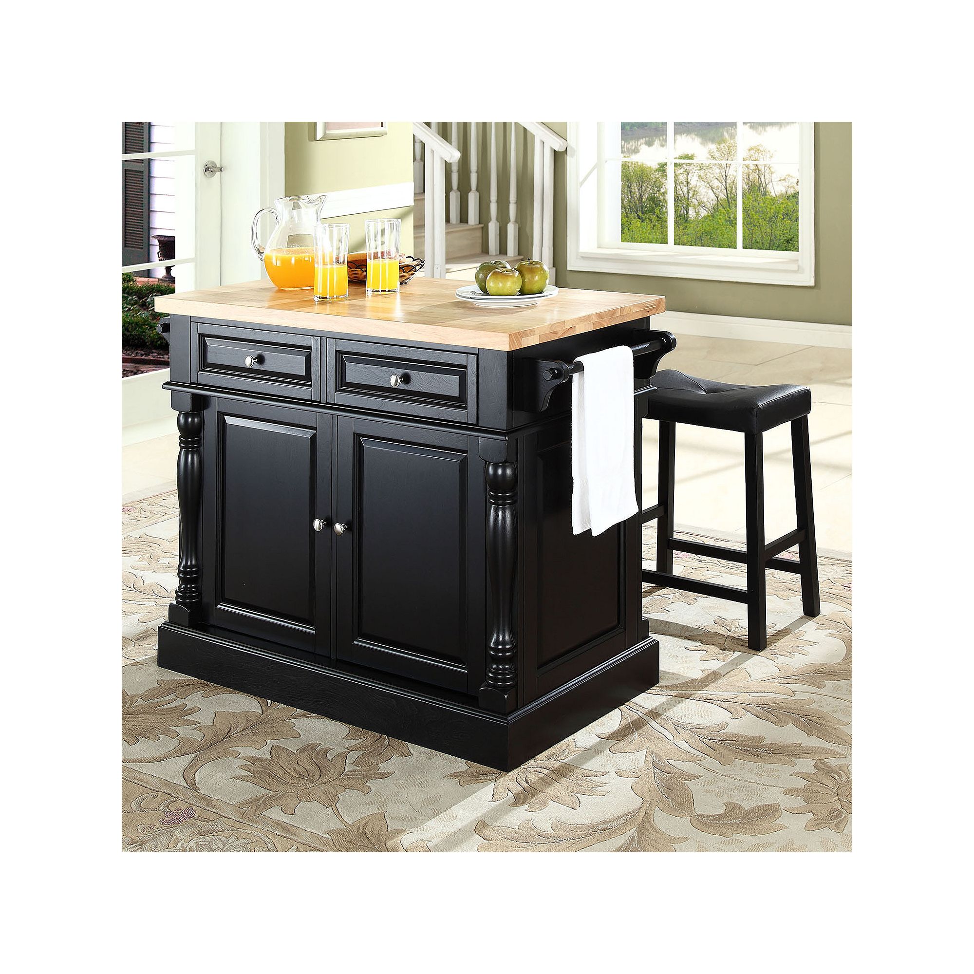 Crosley Furniture 3-piece Kitchen Island & Saddle Counter Stool Set, Black
