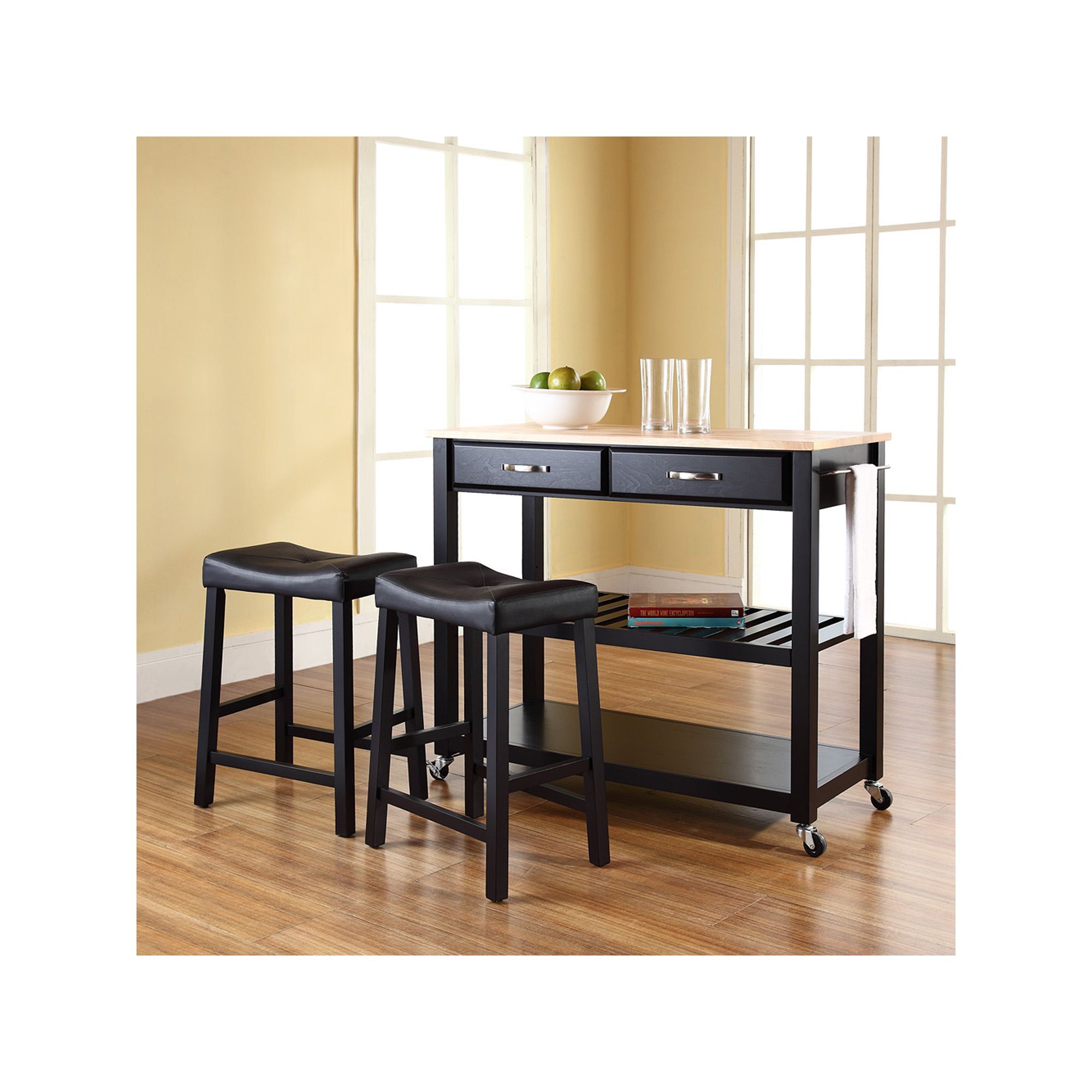Crosley Furniture 3-piece Wood Top Kitchen Island Cart & Counter Stool Set,