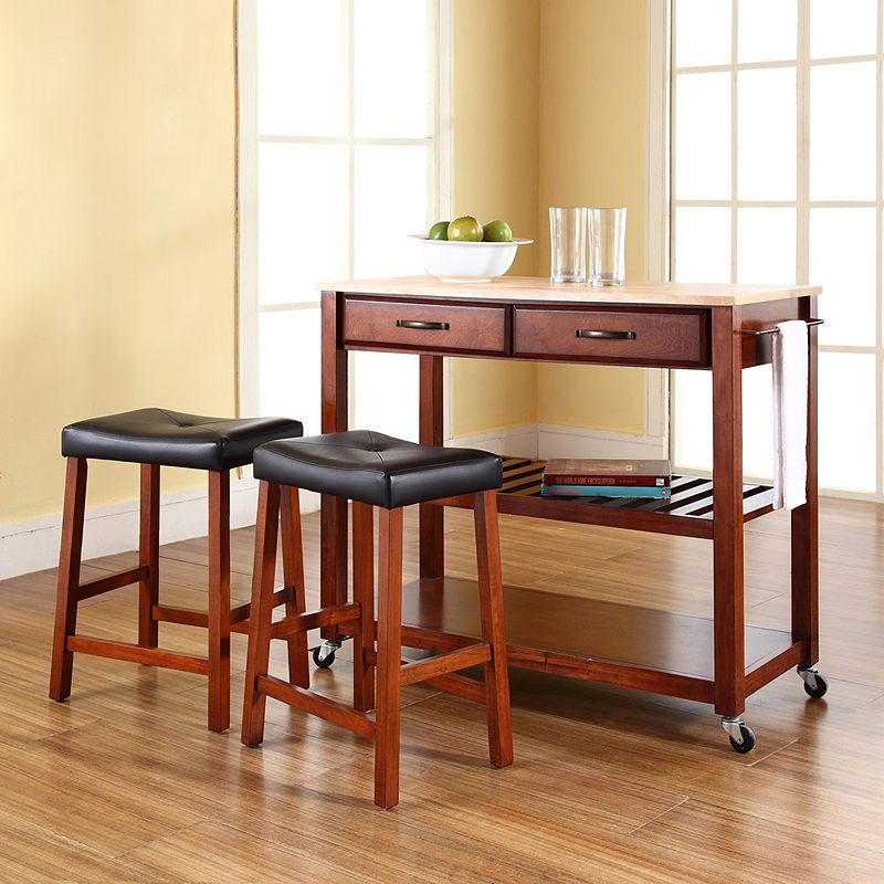 Crosley Furniture 3-piece Wood Top Kitchen Island Cart and Counter Stool Se