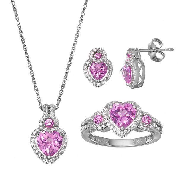 Lab-Created Pink Sapphire Sterling Silver Heart Necklace, Ring