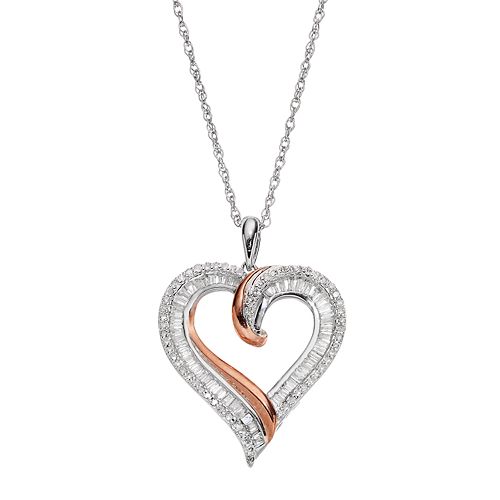 Two Tone Sterling Silver 1/2 Carat T.W. Diamond Heart Pendant Necklace