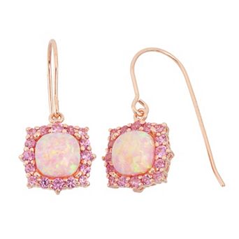 Classic Treasures Lab-Created Pink Opal & Lab-Created Pink Sapphire 18k Rose Gold Over Silver Square Halo Drop Earrings
