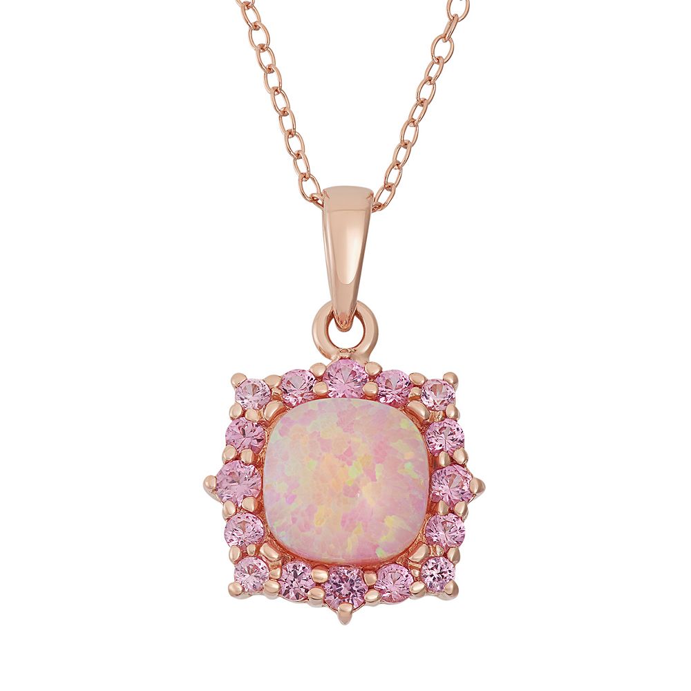 Lab-Created Pink Opal & Lab-Created Pink Sapphire 18k Rose Gold Over Silver  Square Halo Pendant Necklace