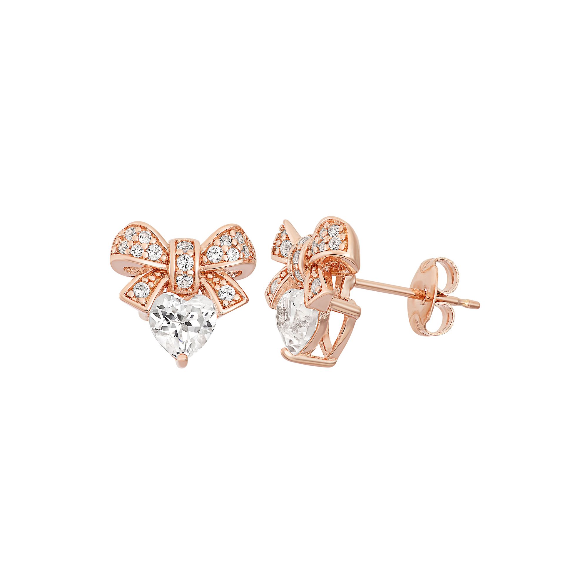 Lab-Created White Sapphire 18k Rose Gold Over Silver Bow & Heart Stud Earri
