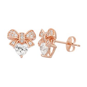 Classic Treasures Lab-Created White Sapphire 18k Rose Gold Over Silver Bow & Heart Stud Earrings